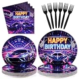 Greencian 96Pcs Sports Cars Themed Birthday Party Decorations Neon Sports Cars Paper...