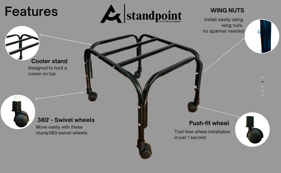 Image of StandPoint | Iron Cooler Trolley Stand | Black | 100kg Load Capacity | Heavy Bush Wheels for Smooth Mobility | Rust-Resistant | Easy Fit | Made in India