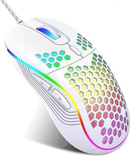 ماوس ألعاب سلكي 6D بإضاءة خلفية ليد ار جي بي ودقة قابلة للتعديل 800-1600-2400-3600 نقطة لكل بوصة وتصميم خفيف الوزن بشكل قرص العسل وكابل مضفر بطرف USB وطول 1.5 م ومريح للكمبيوتر واللاب توب (أبيض)