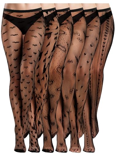 Ramede 6 Pairs Women Fishnet Thigh High Stockings Waist Tights Bow Patterned Goth Fishnet Leggings Pantyhose for Halloween(Heart Black)