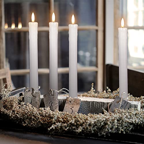 Image of GenSwin Drip Wax Flameless Taper Candles Flickering with 10-Key Remote, Battery Operated Led Warm 3D Wick Light Window Candles Real Wax Pack of 6, Christmas Home Wedding Decor(White, 0.78 X 9.64 Inch)