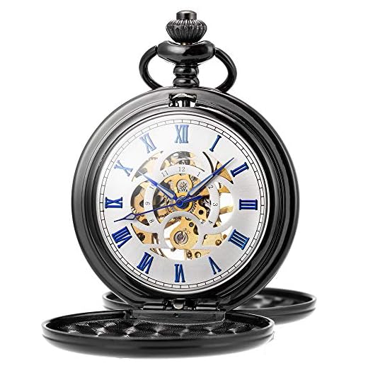 ManChDa Fickur för män klassisk mekanisk handvind fickur steampunk romerska siffror armbandsur för män kvinnor med kedja + presentask, 4. Svart med blå