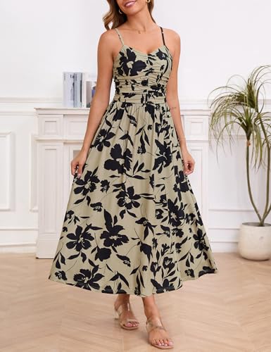 Annebouti Women 2025 Summer Fall Ruched Maxi Dress Adjustable Spaghetti Strap Floral Beach Long Sundress with Pockets2