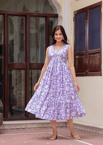 Image of Floral Print Rayon Midi Dress, Sleeveless, Lime Green and White, A-Line Empire Waist