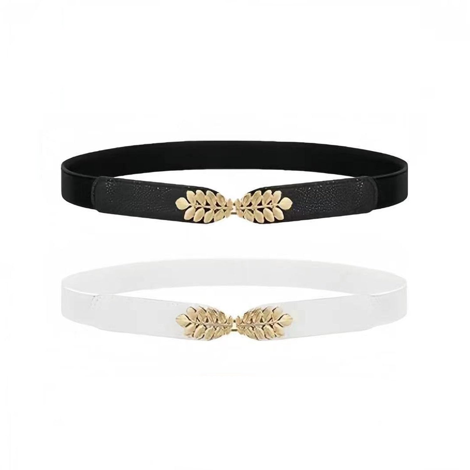 Pack Of 2 Women’s Stretchable Leaf Design Elastic Waist Belts – Slim Stretchy Belts For Dresses, Sarees, And Jeans – Free Size (Black & White)