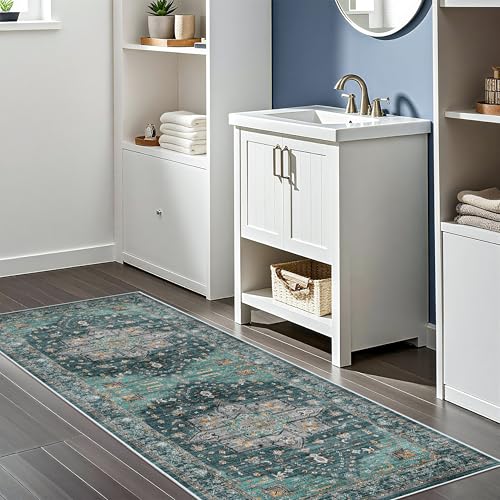 Living Room 2x5 Runner Rugs - Boho Rugs for Living Room Stain Resistant Carpet Vintage Tribal Rugs for Bedroom Kitchen Bathroom with Non Slip Backing Home Decor Floor Decoration Mat 2x5 Teal