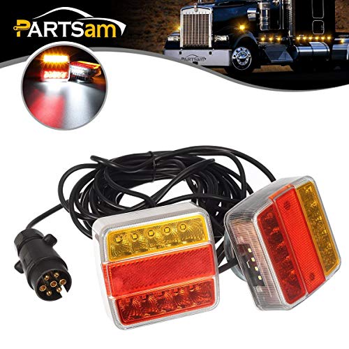 PARTSAM Kit de luces traseras para remolque con cable magnético, placa universal de 2 x 14 LED 12V, luz de matrícula, indicador de giro, parada de freno trasero, cable de 7,5 m con enchufe de 7 pines