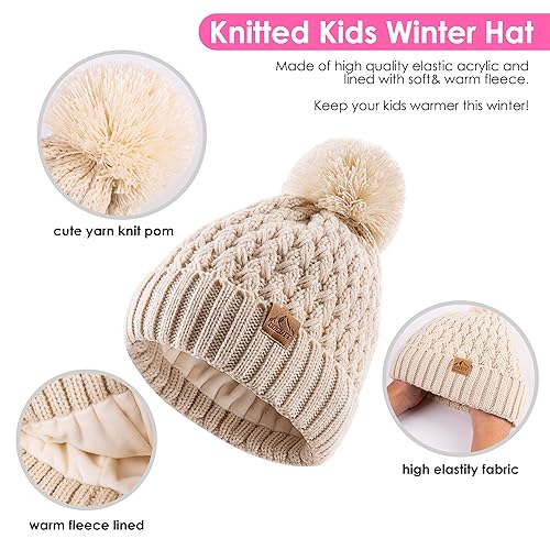 Kids Winter Beanie Hat, Children’s Warm Knitted Fleece Lined Woollen Ski Pompom Hat for Boys & Girls 3-9 Years3