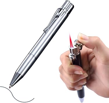 Butane Torch Lighter - Ballpoint Pen Lighter, Windproof Solar Beam Torch, Refillable Adjustable Green Flame Cool Lighter for Candle Camping BBQ Kitchen, Mens Gifts Without Gas Silver