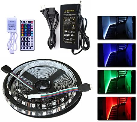 SINOMANN 16.4 ft 5M Waterproof 5050 SMD RGB LED Flexible Strip Light Black PCB Board Color Changing Decoration Lighting 150 LEDS Kit + 44 key Remote Controller+ 5A US Power Adapter