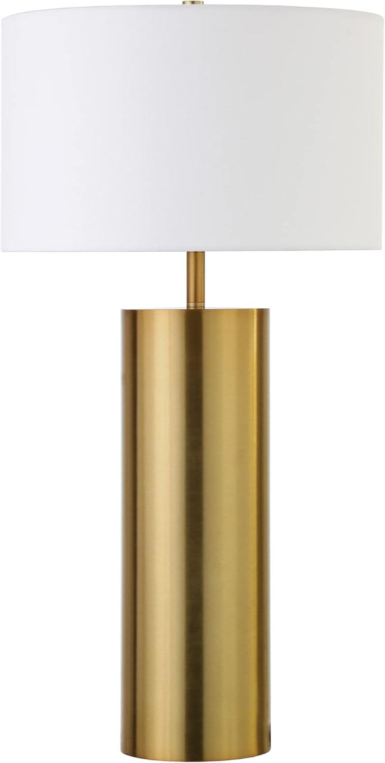 Henn&Hart 29.5'' Mid-Century Modern 1-Light Table Lamp with White Fabric Drum Shade for Living Room, Bedroom, or Office, Brass Brass 30" Table Lamp
