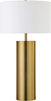 Henn&Hart 29.5" Mid-Century Modern 1-Light Table Lamp with White Fabric Drum Shade for Living Room, Bedroom, or Office, Brass