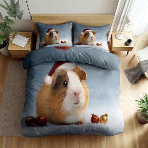 Cartoon Festival Style Duvet Cover Sets Single Size Bedding, Reversible Christmas Guinea Pig Printed Duvet Cover - Lightweight Christmas Cute Pets Bedding Soft Breathable Quilt Covers for Kids Adults
