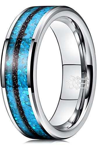 THREE KEYS JEWELRY Nature Tungsten Carbide Womens Galaxy Green Blue Opal with Black Line Wedding Band 6mm Ring Polish for Women Inlay Engrave Engagement Silver Size 6.5