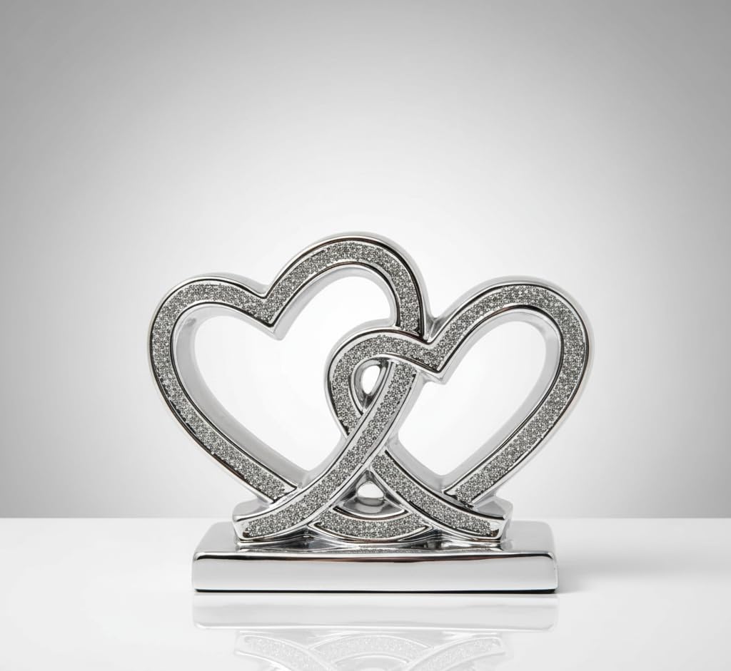 Bargain Brooz Silver Crushed Diamond Double Heart Ornament With Square Base | Sparkly Bling Decorative Shelf Ornament For Home, Wedding, (Bb-6)
