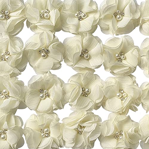 Misscrafts 20pcs Chiffon Flower with Rhinestone Pearl 2 Handmade Hair Flowers Fabric Flower Embellishment Appliques for DIY Headband Craft Belt Cream