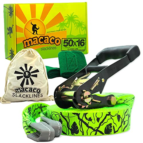 52ft Slackline Kit for Kids and Adults | Beginner Friendly Slackline | Slack Line Set with Tree Protectors, Cotton Carry Bag & Steel Ratchet | Outdoor Gym for Kids