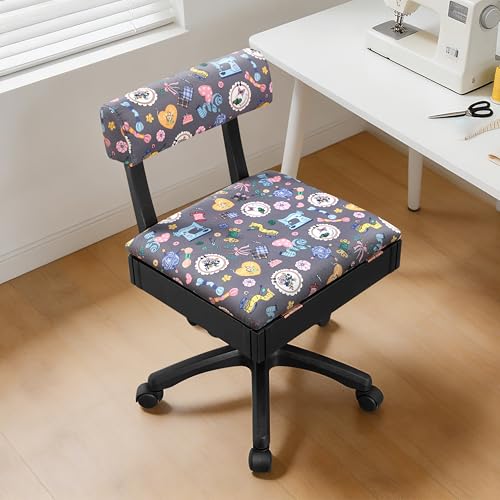 Lessmore Adjustable Height Sewing and Crafting Chair with Wheels Back Support and Under Seat Storage - Perfect for Your Craft Room Furniture and Craft Machines (Pattern-Grey)