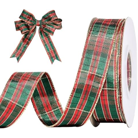 Christmas Plaid Ribbon, 1 Inch 25 Yard Woven Edge Gingham Ribbon for Gift Wrapping Crafts Party Home Decoration, Red Green Gold Cover