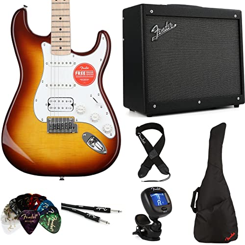 Squier Affinity Series Stratocaster Electric Guitar And Mustang Gtx 50 1X12" 50-Watt Amp Essentials Bundle - Sienna Sunb #TOP26