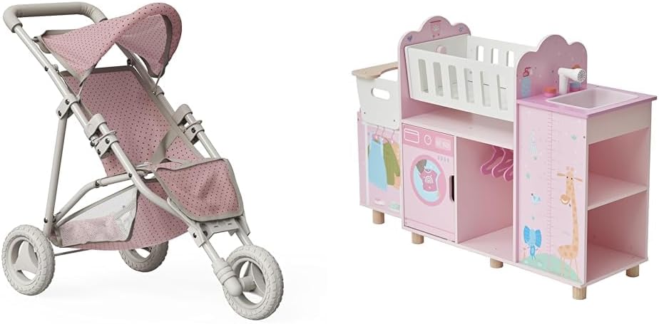 Olivia’s Little World 6-in-1 Wooden Doll Nursery & Stroller Bundle – Crib, High Chair, Changing Table, Stroller with Canopy – Doll Furniture for 16” Dolls – Pink & Gray, Ages 3+