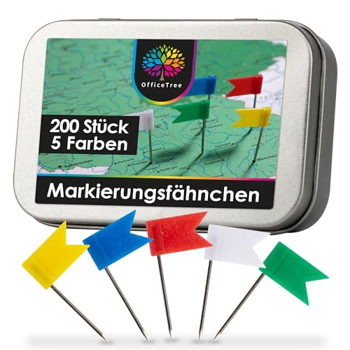 OfficeTree 200x Markierungsfähnchen Pinnwand Flagge - 5 Farben - Stecknadel Fähnchen für Weltkarte Pinnwand - Fähnchen Pins - Markierungsfahnen in praktischer Aufbewahrungsbox