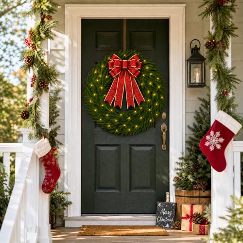Pinkpum 26" Real Touch Cedar Christmas Wreath with Lights & Bow - image 6