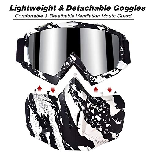 BOLLFO Motorcycle Goggle Mask,Protective Glasses with Detachable Mask for Cycling,Skiing,Paintball,Riding,Snowmobile,Halloween Adjustable Windproof Outdoor Anti-Fog Face Mask (White & Black Frame)