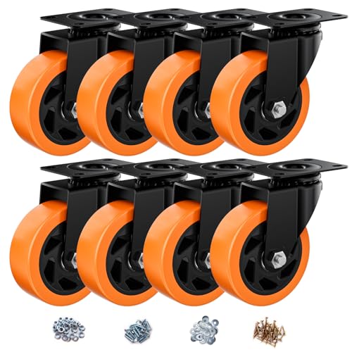Image of 4 Inch Caster Wheels, Casters Set of 8 Heavy Duty, Orange Polyurethane (PU) Casters, Industrial Swivel Top Plate Castor Wheels for Workbench /Furniture /Cart (Pack of 8)