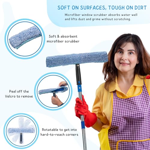 Image of Window Squeegee with Scrubber for Home and Outdoor Glasses Cleaning, 6 Ft Long Handle 2 in 1 Professional Window Washing Kit with Replacement Rubber Blade, Car Windshield Cleaner Tool