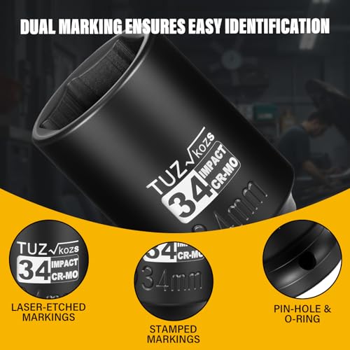 Image of 1 /2 Inch Drive 34mm Deep Metric Impact Socket,CR-MO,6 Point Radius Corner Design,Square Chamfered Opening,Axle Nut Impact Grade Socket for Easy Removal