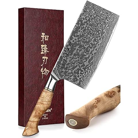 HEZHEN Küche Gemüse Fleischbeil Chinesischer Koch Kochmesser 17.3cm-Metzgermesser 67-Lagig Damaskus Stahl Geschmiedet Scharfe Fleischwolf Messer-rutschfeste Holzgriff + Geschenkbox Cover