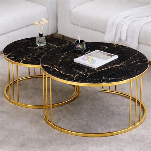 Image of Coffee Table Round Sofa Small Side Table Nesting Table, Modern Negotiation Table Combination Table, Suitable for Living Room Bedroom Side Table (Golden Black)
