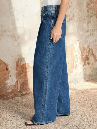 Flamingals Women's Wide Leg Baggy Jeans Mid Waisted Boyfriend Stretchy Pleated Detail Denim Jeans2