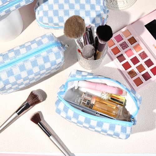 6 Pcs Preppy Makeup Bag Bulk Checkered Cosmetic Bag Light blue Makeup Pouch Personalize Travel Toiletry Bag Organizer Cute DIY Makeup Brushes Storage Bag for Women3