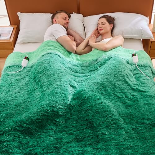 RUJIPO Heated Electric Blanket Faux Fur Queen Size with Fluffy Sherpa Back Dual Control, Warm Gift Soft Plush Heating Blankets with 10 Heat Settings, 5 Time Settings, ETL 84