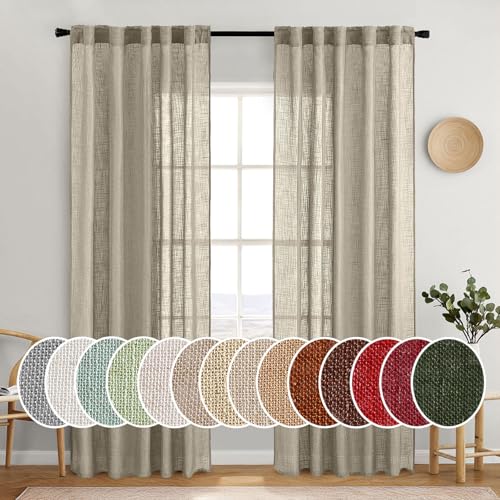 MIULEE Oatmeal Linen Curtains 84 Inches Long 2 Panels for Bedroom Living Room, Soft Thick Linen Textured Natural Window Drapes Semi Sheer Light Filtering Back Tab Rod Pocket Burlap Look Decor