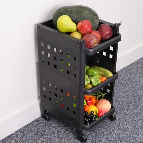 Image of ADA Plastic Premium Multipurpose Storage Rack Organizer with Wheels & Hooks for Living Room,Office,Bedroom,Bathroom,Kids Room Modern Onion Potato Rack for Kitchen Trolley Cart Stand (Black-3 Layer)