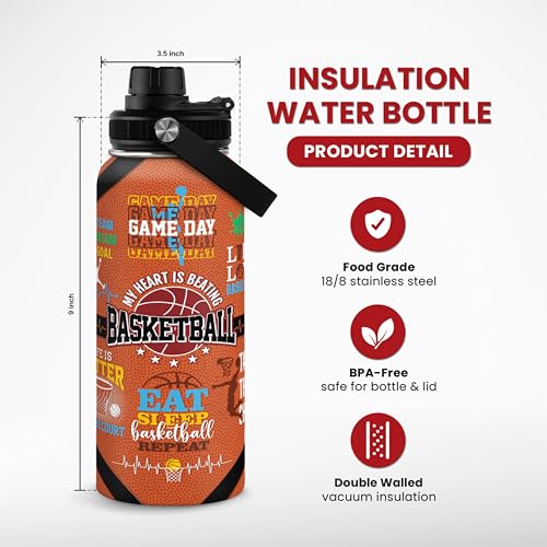 Image of SANDJEST Basketball Water Bottle 32oz, Stainless Steel Insulated Sports Bottle with Lid, Basketball Gifts for Men Players Lovers Fan