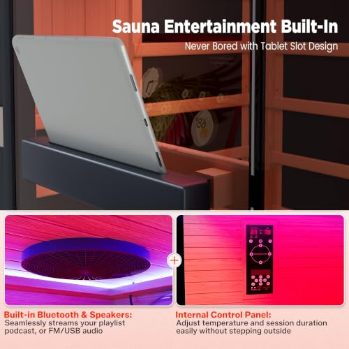 Image of 2 Person Low EMF Infrared Sauna with 9 Heating Panels for Home | 12 inch*12 inch Red Light Therapy, 120V - 2030W Indoor Dry Sauna, Bluetooth Speakers & Ambient Lighting, Canadian Hemlock