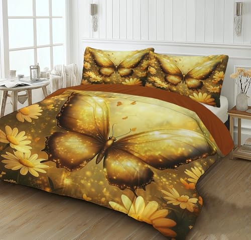 Linge de lit réversible or papillon 220x240cm en microfibre premium