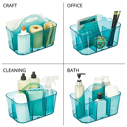 Image of mDesign Plastic Portable Craft Storage Organizer Caddy Tote, Divided Basket Bin w /Handle - Craft, Sewing, Art Supplies - Holds Brushes, Colored Pencils - Lumiere Collection - Dark Aqua Blue Tint