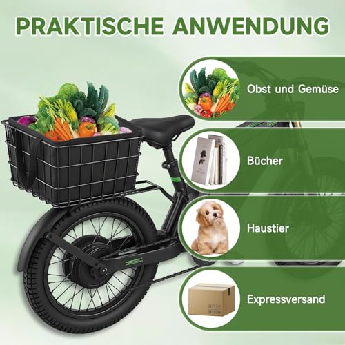 Fahrradkorb hinten abnehmbar, Gepäckträger-Korb faltbar, Fahrrad Korb Schulranzen hinten E-Bike groß, Bike-Basket mit Gepäcknetz, Regenschutz, Innenfutter & Reflektoren, Hundekorb Fahrrad, Schwarz