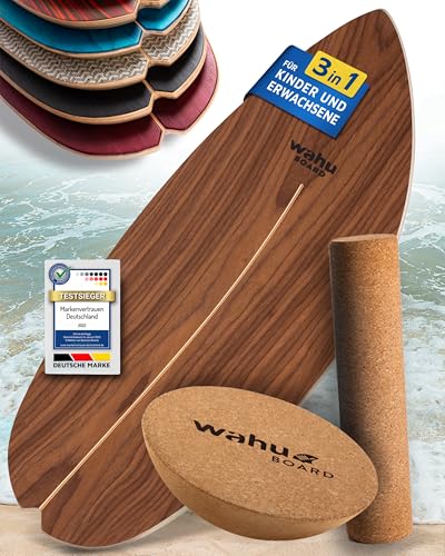 WAHU Balance Board Burning Wooden Brown | 3in1 Set | Surf Balance Board aus 100% Holz mit Rocker Shape & Rolle | Gleichgewichtstrainer für Kinder & Erwachsene | Fitness & Spaß Zuhause
