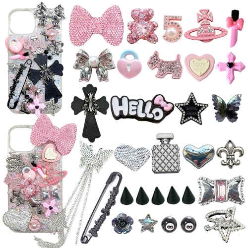 hitwty Junk Case Charms DIY Kit with Bows Stars Silver Butterfly For DIY Clear Phone Charm Y2K Junk Phone Case Charms Kit Cute Decorative For Customizing Craft Accessories Pink Silver and Black