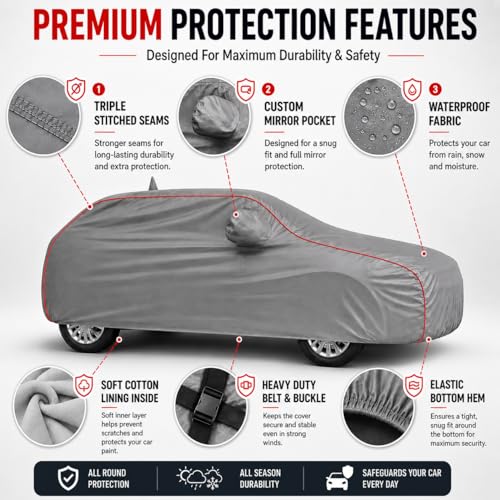 Image of Heavy-Duty Car Body Cover for Honda's City (2008-2013) | Waterproof, Dustproof, UV Protection, Custom Fit, Heavy Belt & Buckle with Mirror & Antenna Pocket | Dark Grey