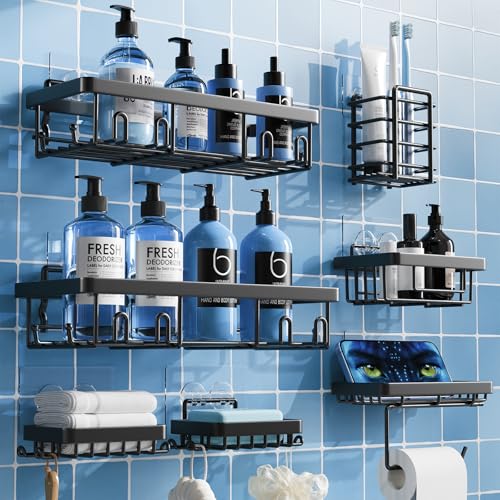 Yorshvil Shower Caddy 7 Pack, Adhesive Bathroom Shower Organizer for Bathroom Storage, No Drilling Large Capacity Rustproof Stainless Steel Shower Shelves Rack for Bath, Black