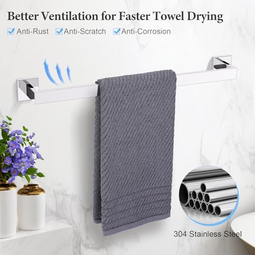 Image of TURS 5-Piece Bathroom Hardware Set Polished Chrome Towel Bar Holder Sets Hand Towel Holder and 2 Towel Hooks, Stainless Steel Wall Mounted, Q7P-P5