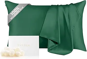 THXSILK 100% Mulberry Silk Pillowcase for Hair and Skin Health, Hidden Zipper, 6A+ Silk Both Sides Smooth, Breathable and Natural, Sleep Pillow Case (Standard 20"x26", Emerald Green)