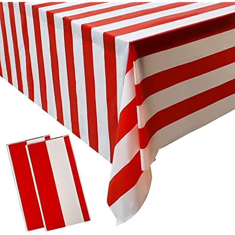 peony man 2 Pieces Red and White Striped Tablecloth Plastic Stripe Table Cover Carnival Circus Tablecloths Waterproof Rectangle Tablecloth for Holiday Party Picnic Decoration, 54" x 107" Cover